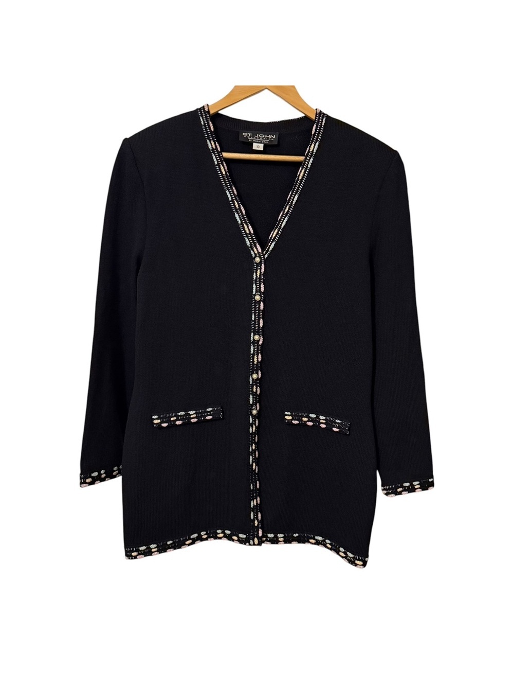 St. John Collection Santana Knit Jacket Cardigan Size 10 Black Multi Color Trim